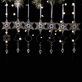 Christmas Tree Ornaments Set of 7 Christmas Ornaments Crystal Snowflake Clear Stars Icicle Hanging Transparent Decoration Interior Shop Room Party Wall Hanging Entryway Decoration String Included