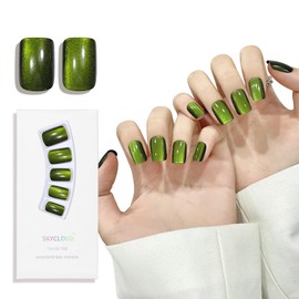 Green Cat Eyes Press On Nails,12 Sizes - 24 Pcs Soft Gel Green Medium Square Fake Nails Kit with Nail Glue, Natural Reusable Stick On False Nails for Women and Girls (Skycloud Nails) SK0925
