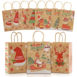 MIZIJIA Christmas Gift Bags, Pack of 16 Christmas Kraft Gift Bags, Gift Bag with Carry Handle, Bag with Christmas Print, for Christmas Party, Birthday Party