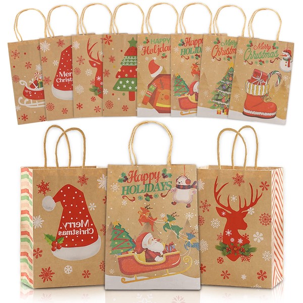 MIZIJIA Christmas Gift Bags, Pack of 16 Christmas Kraft Gift