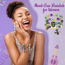 Landical 24 Pcs Mardi Gras Bracelets for Women Beaded Stretch Bracelet Glitter Mask Crown Iris Bracelets Purple Green Gold Beaded Bracelet Set for Mardi Gras Accessory Carnival Parade Outfits