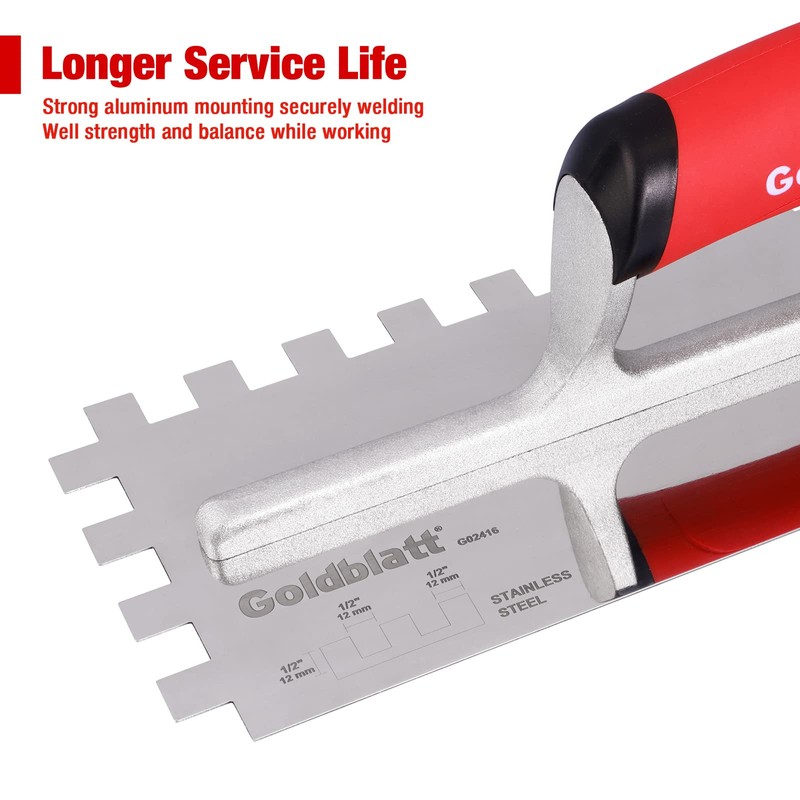 Goldblatt 1/2" Square Notch Trowel, Made of Premium Stainless Steel