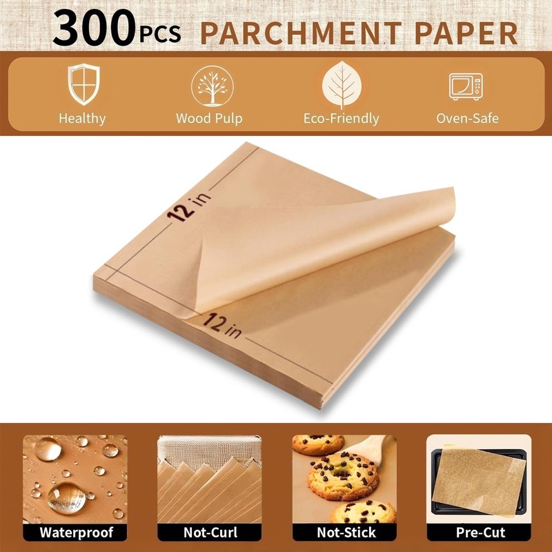 300PCS Parchment Paper Sheets, 12x12 In Non-Stick Precut Baking Parchment,