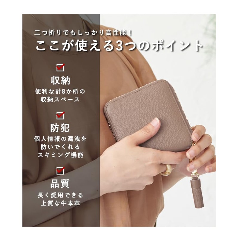 LIZDAYS Women's Bi-fold Wallet, Genuine Leather, Round Zipper, Camel