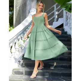 Women's Summer Sleeveless Dresses for Wedding Guest Casual Spring A Line Midi Dress Tulle Gauze Sundress Sage Green S