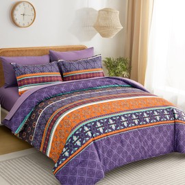 WONGS BEDDING Boho Comforter Set King Size,7 Pieces Bohemian Striped Bedding Comforter Set Bed in a Bag,Purple Paisley Floral Comfortet and Sheet Set,Soft Microfiber Bedding Sets for All Season