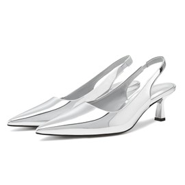 DREAMCIA Women's Pumps Slingback Heels Pointed Toe Sling Back Kitten Heels Women,Metallic Slingback Pumps,Bride Dresses Wedding Shoes Silver 5.5