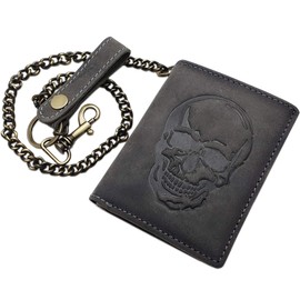 myledershop Buffalo Full Leather Biker Wallet with Metal Chain with Skull Motif with RFID & NFC Blocking (Grey)