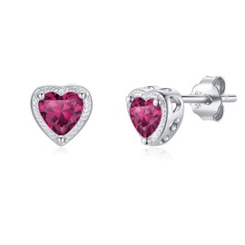 Qings Birthstone Heart Earrings, 925 Sterling Silver July Birthstone Earrings Cubic Zirconias Studs, 12 Months Jewellery for Mother Mom Women Gift For Her Wife Girls Birthday Wedding