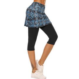 Ekouaer Skirted Leggings for Women Tennis Golf Skorts Capris Gym Yoga Legging with Skirts Blue Floral
