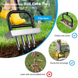 Wodesid Wodesid Lawn Aerator Manual Garden Tool with Soil Core Tray - 4 Stainless Steel Core Plug Aerator for Grass Aeration, Yard Lawn Care Heavy Duty Garden Tool for Healthy Lawn Growth
