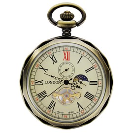 TREEWETO Mechanical Pocket Watches Bronze Roman Numerals Open Face with Chain Men 24-Hour Moon Sun + Gift Box