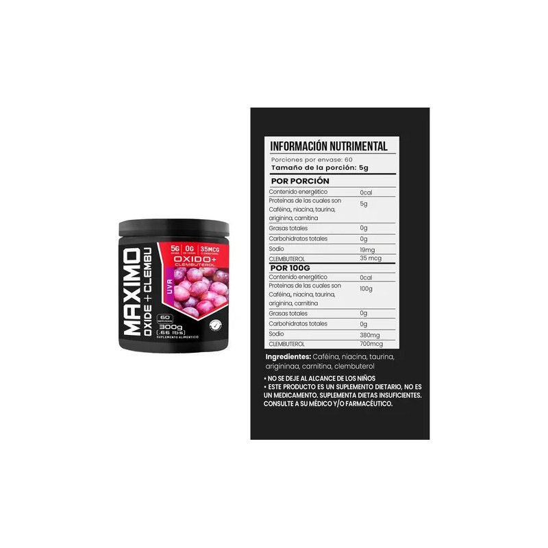 Óxido Clembu Pre Entreno Maximo Protein 300g 60 Servs