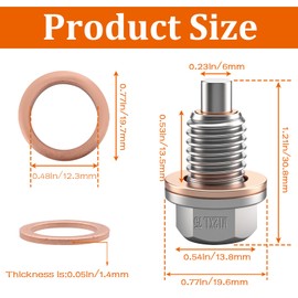 Aienxn M12 x 1.75 Magnetic Oil Drain Plug, Stainless Steel Oil Drain Plug Sump Drain Nut Bolt with Copper Gasket Crush Washer Replacement for M12×1.75 Models