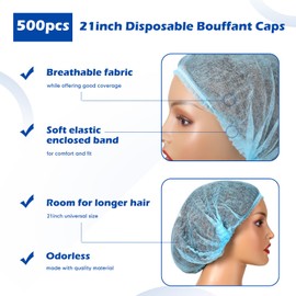 Yahenda 500 Pcs Disposable Bouffant Caps Bulk 21 Inches Disposable Caps for Hair Elastic Dust Cap Hairnets for Food Service, Nurses, Labs (Blue)