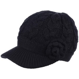 Womens Winter Elegant Cable Flower Knitted Newsboy Cabbie Cap Beret Beanie Hat with Visor, Warm Plush Fleece Lined