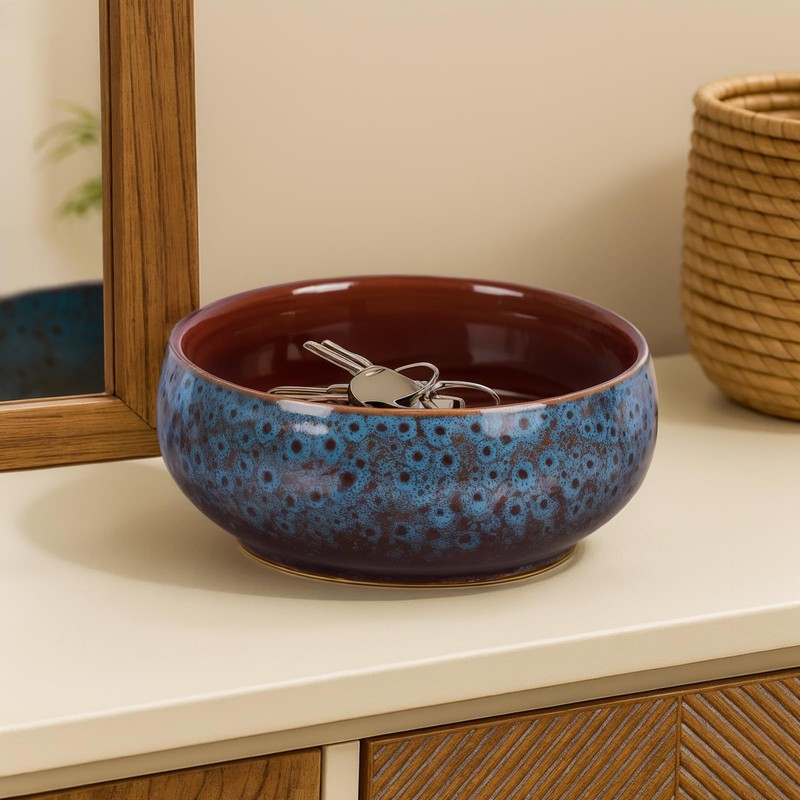 UANYEMON Blue Ceramic Decorative Bowl, Rustic Oval Display Dish for