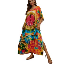 Lziizl Kaftan Dresses for Women Plus Size Bathing Suit Cover up Batwing Sleeve Caftan Maxi Beach Dress, 2 Red, One Size