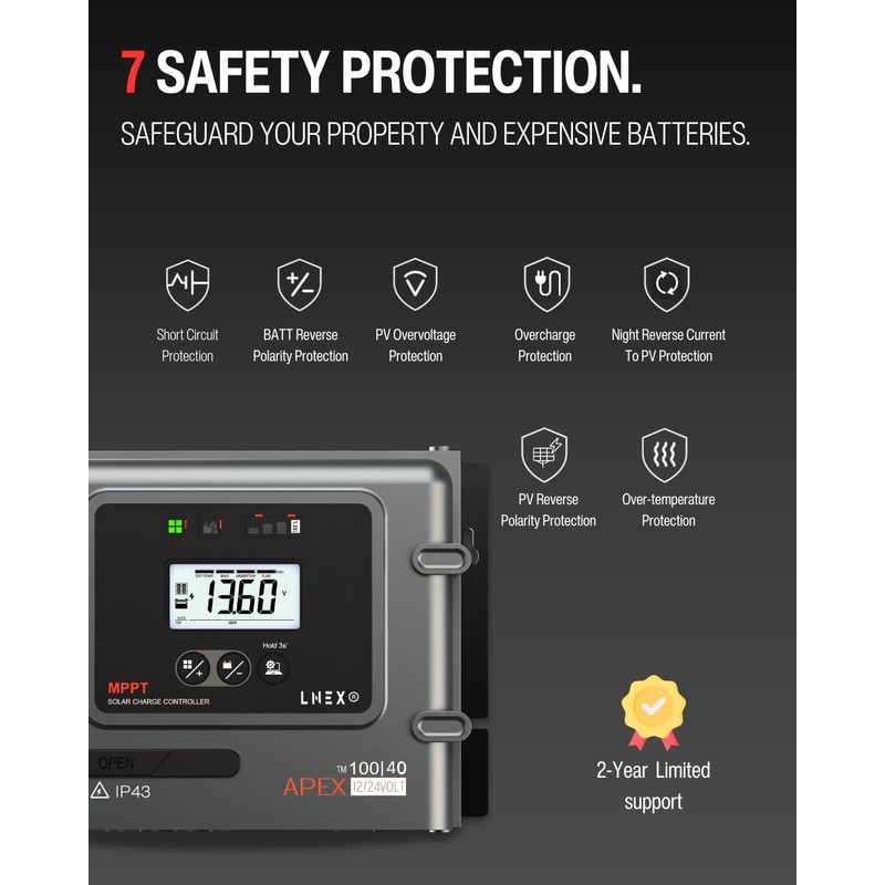 LNEX MPPT Solar Charge Controller 40A, 12V 24V Solar Panel