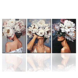 3 Pieces Flower Head Women Peony Room Wall Creative Pictures Nordic Figure Paintings Canvas Art Flower Girls Artwork Home Decor for Living Room Framed Gallery Wrapped Ready to Hang 48x24 inch