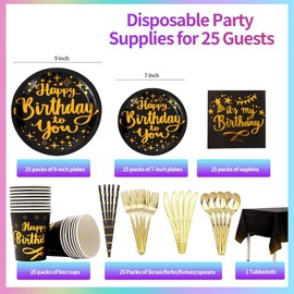 201 Pieces Birthday Plate Set, Birthday Decorations, Includes Paper Plates, Paper Cups, Straws, Napkins, Tablecloths, and Plastic Knives, Forks, and Spoons, Suitable for parties of 25 people!（Black）