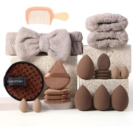21 Set de Herramientas de Maquillaje Profesional Esponja de Maquillaje Multifuncional, Borla Triangular para Polvos, Esponja Limpiadora, Diadema y Muñequera