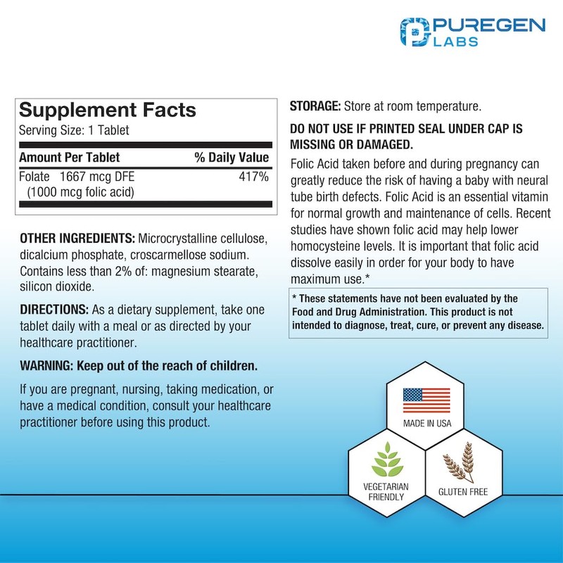 Puregen Labs Folic Acid 1000 mcg Tablets | Vitamin B9
