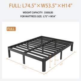 KZZLOL Full Size Bed Frame No Box Spring Needed, 14 Inch Metal Full Bed Frame, DIY Headboard Holes, Heavy Duty Steel Support 3500 LBS, Noiseless, Round Corner Legs, Storage Space, Easy Assembly, Black