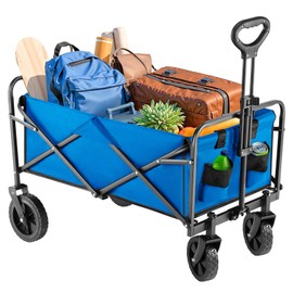 DUMOS Collapsible Wagon Cart Foldable, Heavy Duty Folding Wagon with All Terrain Wheels, 120L & 360LBS Lightweight Utility Shopping Cart for Beach Garden Grocery Sports, Blue