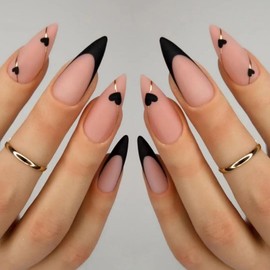 Black French Tip Press on Nails Medium Almond Fake Nails with Black Heart Design Gold Line Stick on Nails Glossy Acrylic Full Cover Glue on Nails Stiletto False Nails For Women Girls Manicure 24pcs