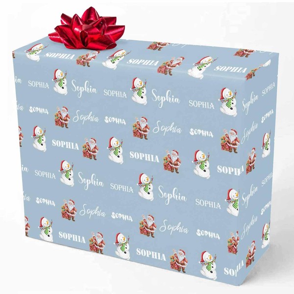 MyPupSocks Custom Christmas Wrapping Paper, Personalized Snowman and Light Blue