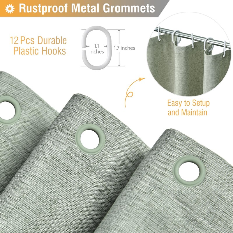 BTTN Sage Green Shower Curtain, Linen Textured Heavy Duty Thick