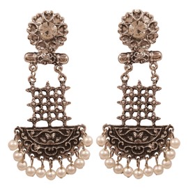 New! Touchstone " Indian Oxidized Jewelry" Finely Handcrafted By Artisans Filigree Faux Pearls Tribal Gypsy Long Designer Jewelry Earrings In Oxidized Finish For Women.