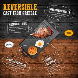 Cast Iron Griddle, Plus Cast Iron Grill Press & Pan Scrapers - Reversible Grill/Griddle for Stove top, Gas, Preseasoned & Non-Stick, measure 17 x 9 inch,