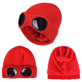 Belsen Unisex Goggle Knitted Beanie Hat Windproof Warm Winter Skull Cap (Red)