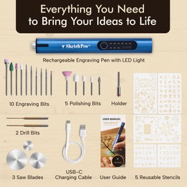 SketchPro Cordless Engraving Pen with LED Light – 3-Speed Precision Etching Tool for Wood, Metal, Glass & Plastic – USB-C Rechargeable, 26 Accessories – Ideal for DIY, Jewelry & Craft Projects