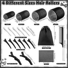 34 Pcs Self Grip Hair Rollers Set, Black Hair Curlers 4 Sizes(1in, 1.4in, 1.9in, 2.4in) with Rat Tail Comb, Hair Rollers Curlers for Volume Long Medium Short Hair