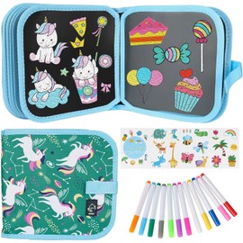 Erasable Book Doodle Set for Kids,Magic Drawing Book for Kids,Reusable Drawing Book 12 Watercolor Pens 14 Page Drawing,Road Trip Car Game Writing Painting Set for Boys and Girls (Green Unicorn)