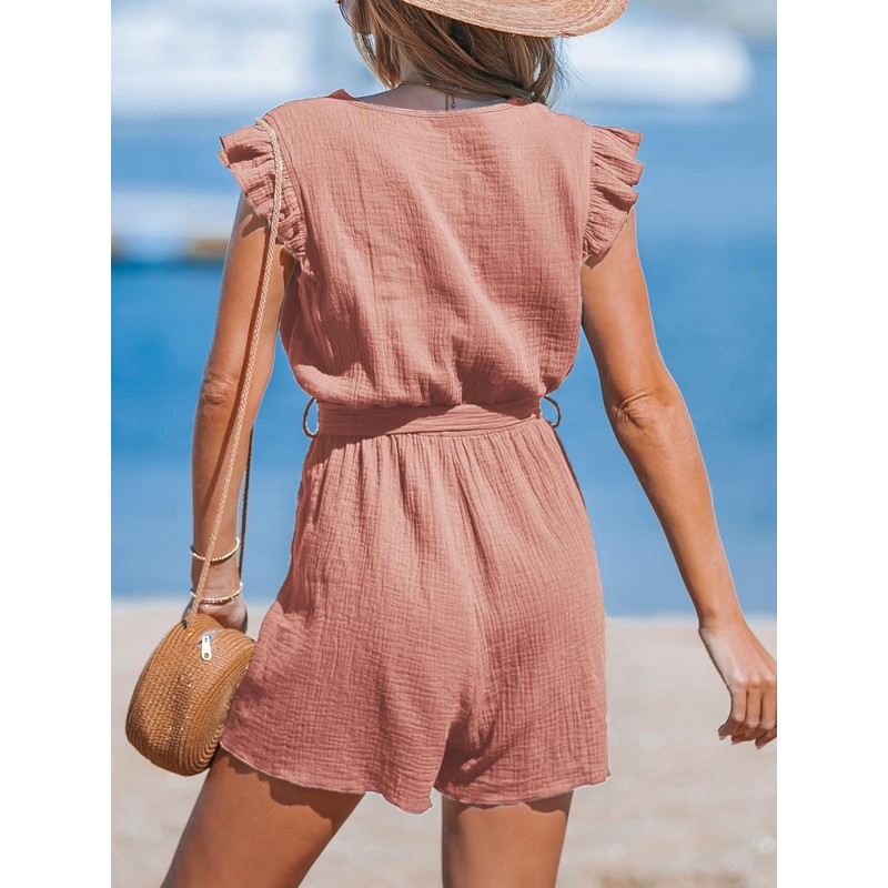 CUPSHE Women's Jumpsuit V-Neck Wrap Look Romper Flutter Sleeves Wide