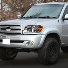 TLAPS 7422439423497 Compatible With 2005-2006 Toyota Tundra Double (Crew) Cab / 2005-2007 Sequoia DRL LED Strip Bar Chrome Housing Headlights With Signal Corner Lamps Amber Reflector 4-Pieces Design