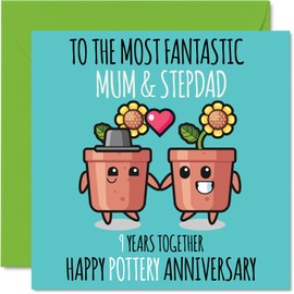 Cute Pottery Anniversary Card for Mum & Step Dad - 9 Years Together - Happy 9th Wedding Anniversary Cards for Step Dad Mum, 5.7 x 5.7 Inch Greeting Cards for Ninth Anniversaries