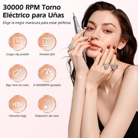 Drill para Uñas Profesional,Lostrain Pulidor de Uñas 30000RPM con 6 Tipos Cabezales de Lijado,Juego de Esmeril para Uñas Velocidad Ajustable Bajo Ruido Vibración Mínima,para Manicura en Casa y Salón