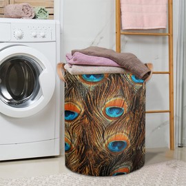 Peacock Large Round Laundry Basket Collapsible Laundry Hamper with Leather Handles Durable Dirty Clothes Storage Bins for Living Room Bedroom Dorm Closet Organizers and Storage