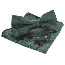 Jemygins Paisley Bow Tie, Men’s Pocket Handkerchief and Cufflinks Set - dark green, size: m