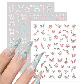 FNKFNK 3 Sheets Butterfly Nail Art Stickers Colorful Flower Nails Decals 5D Embossed Self-Adhesive Pink Blue Butterfly Lily Flower Hibiscus Floral Design Nail Sticker for Women DIY Nail Art Decoration