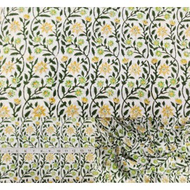 Hand Block Print 100% Cotton Fabric by The Yard PRECUT 1 Yard 42 Inch Width for Dressmaking & Crafting – Soft Cotton Quilting Fabric for Sewing (Olive Yellow Floral Print, 1 Yard Pre Cut)