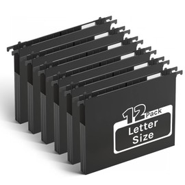 Ansook Extra Capacity Plastic Hanging File Folders,1" Expanding Accordian Pocket,Heavy Duty for Filing Cabinet, Hard and Durable Hang Folders,Insertable Tabs,Letter Size,Black- 12 Pack
