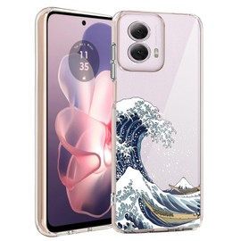 Unov Case Compatible with Motolora Moto g Power 5G 2024 Case Clear with Art Great Wave Design Embossed Flower Pattern Soft TPU Bumper Slim Protective