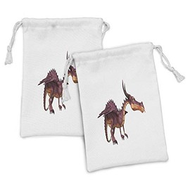 Ambesonne Dragon Fabric Pouch Set of 2, Fantasy on a Plain Background Dangerous Looking Creature Fantasy Land, Small Drawstring Bag for Toiletries Masks and Favors, 9" x 6", Dried Rose and Cinnamon