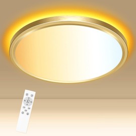 libtit 12 Inch Gold LED Ceiling Light with Night Light 1800K, 24W 3000K/4000K/6500K Dimmable Flush Mount Light Fixture with Remote Control, Round Low Profile Lighting for Bedroom Bathroom Kitchen